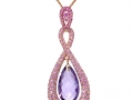 19303 - A 18 karat rose gold pendant with pink sapphires totaling 4.49 carats and a briolette cut amethyst weighing 6.20 carats.